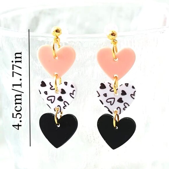 Triple Heart Drop Earrings With Pink White & Black Hearts‎ - Picture 3 of 3